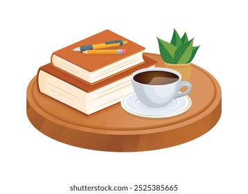 Tasse Kaffee und Bücher auf Holztisch, Vektorgrafik. Kaffeetasse, Stapel Bücher und Pflanzensymbol einzeln auf weißem Hintergrund. Stillleben lesen mit Heißgetränk-Zeichnung