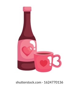 cup coffee with bottle wine isolated icon vector illustration design
