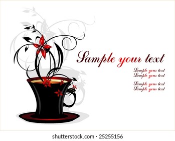 Cup with coffee and bouquet of flowers. Vector