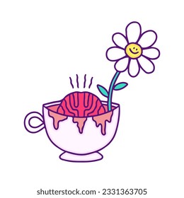 Cup of coffee with brain and sunflower inside, illustration for t-shirt, sticker, or apparel merchandise. With doodle, retro, and cartoon style.