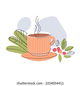 Cup of coffee, a branch with leaves and berries. Flat style isolated on white background. Hand drawn. Vector illustration.