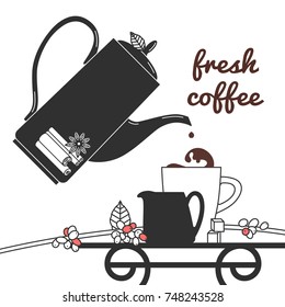 A cup of coffee with a branch of coffee tree with fruits on the table. Coffeepot, cinnamon, anise. Vector illustration.