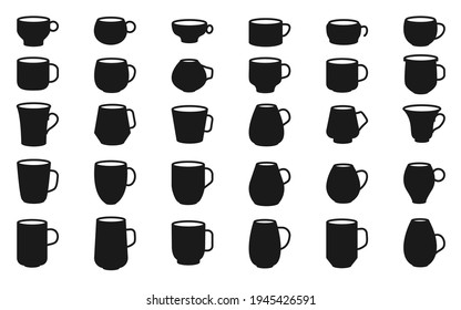 Cup coffee break glyph icon set. Empty black template different shape for shop, tea house menu. Simple graphic element mug, drink sign, symbol espresso or latte Isolated on white vector illustration