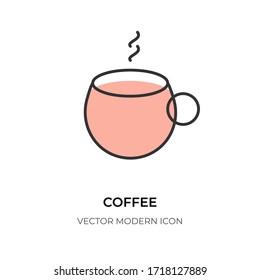 Cup coffee break outline icon. Symbol energy morning. Decorative contour mug, logo for shop or coffee house. Flat linear shape pictogram sign espresso or latte with steam. Isolated vector illustration