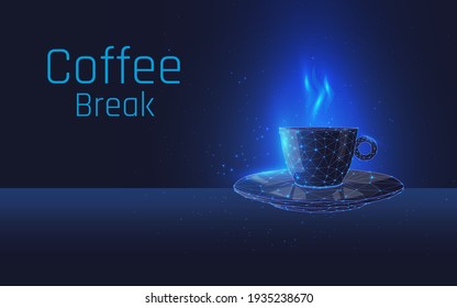 a cup of coffee, a break at work. vacation concept. anti stress at work. drink a cold drink. hot tea or coffee, dark blue background, wireframe, plexus, point, vector, eps10
