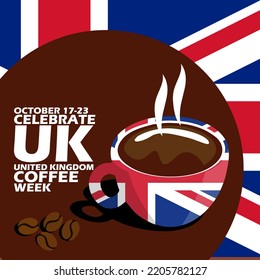 Cup of coffee with British flag engraving and coffee beans with bold text in dark brown circle on British flag background to celebrate UK Coffee Week on October 17-23