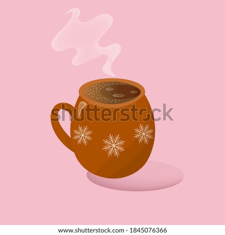 A cup of coffee in broun colors. Cute dishes with snowflake. Decorative vector design on pink background.