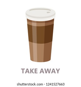 Cup of coffee. Brown drink for take away on breakfast. Aroma beverage with milk. Flat vector illustration
