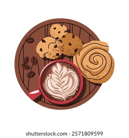 Cup of coffee with bun and cookies on tray in flat cartoon style. Delicious coffee drink and dessert. Breakfast composition, top view for menu, sticker, postcard, etc.