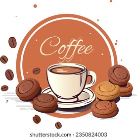 Taza de café con bollos en círculo, imagen vectorial con lugar para tu texto