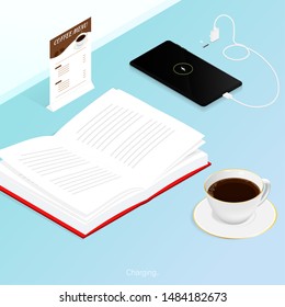 Cup of coffee cafe battery energy charger isometric vector