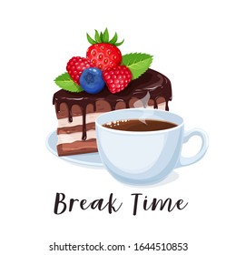 Cup Coffee And Cake. Coffee Break Banner With Chocolate Dessert. Break Time Concept For Cafe Design. Vector Illustration.