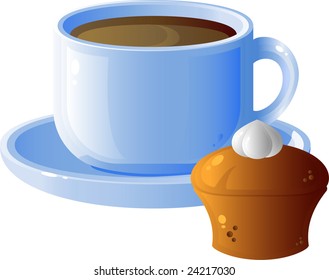 Cup of coffee and cake, breakfast, isolated on white