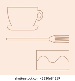 Cup of coffee, cake and fork. Flat vector illustration isolated on white background.