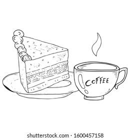 Cup of coffee with cake icon. Vector illustration of a piece of cake and a coffee mug.