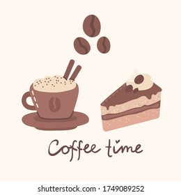 Cup of coffee and the coffee cake in line art style on background. White background. Vector modern illustration in flat design.