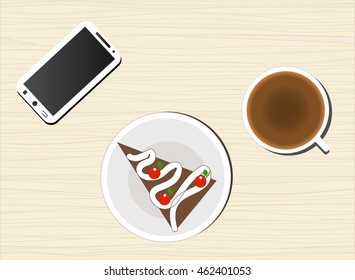 Cup of coffee, cake and notebook on wooden table