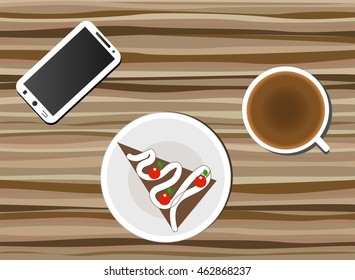 Cup of coffee, cake and notebook on wooden table