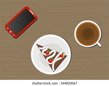 Cup of coffee, cake and notebook on wooden table