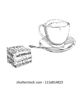 cup of coffee and cake vector drawing with a feather