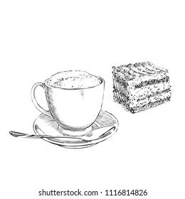 cup of coffee and cake vector drawing with a feather