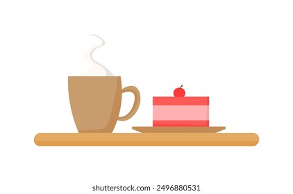 Cup with coffee and cake. Vector illustration with a coffee cup and a piece of cherry cake on a wooden tray