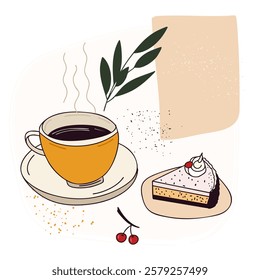 Cup of coffee with a cake and y decorative leaves. A calming illustration evoking relaxation, comfort, and indulgence.