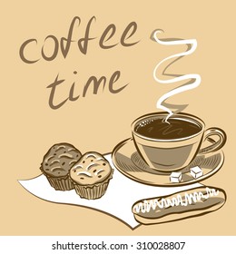 Cup of coffee and cakes for menu.Vector illustration