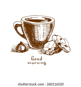 Cup of coffee with candy and cookies, "Good Morning" sketch illustration.