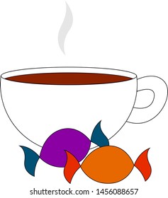 A cup of coffee and candy, illustration, vector on white background.