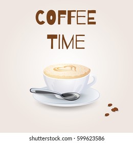 Cup of coffee cappuccino and coffee beans, spoon. Vector illustration