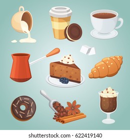 Cup of coffee, cappuccino, latte and chocolate food. Sweet deserts time.