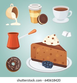 Cup of coffee, cappuccino, latte and chocolate food. Sweet deserts time.