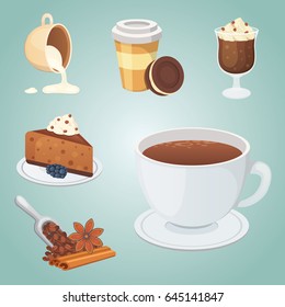 Cup of coffee, cappuccino, latte and chocolate food. Sweet deserts time.