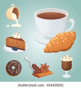 Cup of coffee, cappuccino, latte and chocolate food. Sweet deserts time.