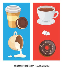 Cup of coffee, cappuccino, latte and chocolate food. Sweet deserts time.