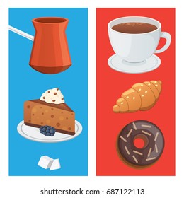 Cup of coffee, cappuccino, latte and chocolate food. Sweet deserts time.