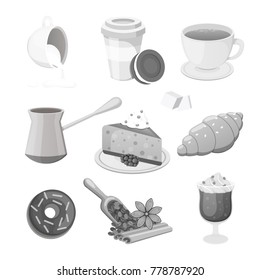 Cup of coffee, cappuccino, latte and chocolate food. Sweet deserts time vector illustration set.