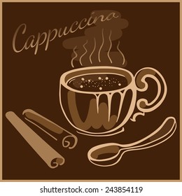Cup of coffee or cappuccino with spoon and cinnamon steaks on dark brown background.