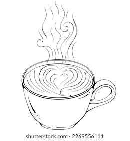 Cup of coffee cappuccino. Vector illustration in hand drawn sketch doodle style. Line art close up invigorating beverage isolated on white. Drink for breakfast. Design for coloring book