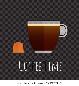 Cup of coffee and capsule isolated on black, vector illustration. Cup of espresso and coffee capsule icon. Vector icon of espresso capsule. Coffee time concept illustration.