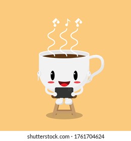 cup of coffee cartoon character listen to music from smartphone flat vector background design, abstract relaxing time at coffee shop.