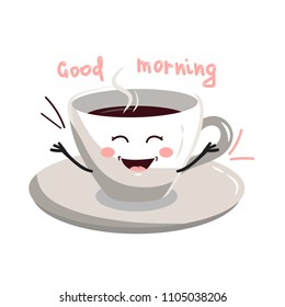 Cup of coffee cartoon character sitting on saucer.
