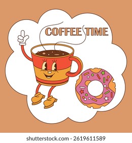 Cup of coffee in cartoon groovy style and donut. Above is the inscription - Coffee time. Retro palette. Vector illustration