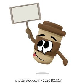 cup of coffee cartoon mascot character hold a blank sign board. happy face emoticon