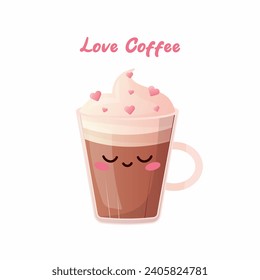 A cup of coffee in a cartoon style with cream and decorated with hearts. Cute cartoon coffee on a Valentines Day
