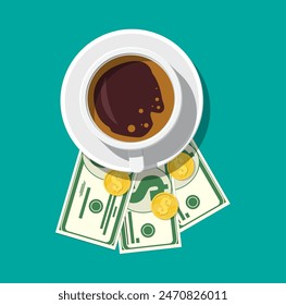 Taza con café, efectivo y monedas. Gracias por el servicio en el restaurante. Dinero por servicio. Buen Comentarios sobre el camarero. Concepto de gratificación. Ilustración vectorial en estilo plano