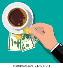 Cup with coffee, cash and coins. Thanks for the service in the restaurant. Money for servicing. Good feedback about the waiter. Gratuity concept. Vector illustration in flat style