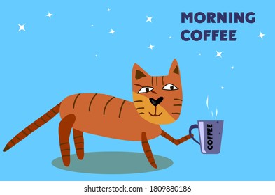 A cup of coffee. The cat is drinking coffee. Vector illustration.