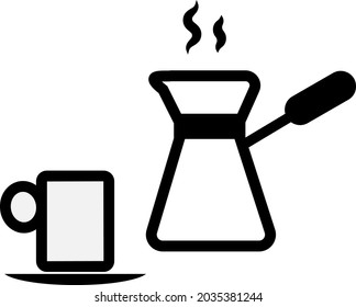 Taza de café con cezve, ilustración, vector, sobre fondo blanco.
